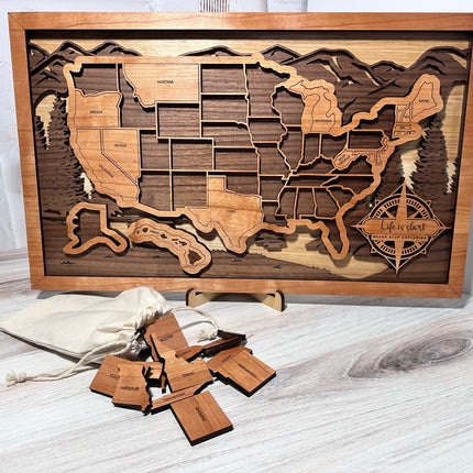 USA Travel Map, Personalized Trip Tracker, Unique Gift For Traveler, Wooden 3D United States Puzzle Tracker