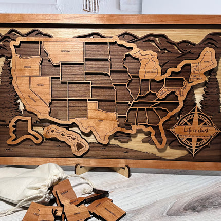 USA Travel Map, Personalized Trip Tracker, Unique Gift For Traveler, Wooden 3D United States Puzzle Tracker