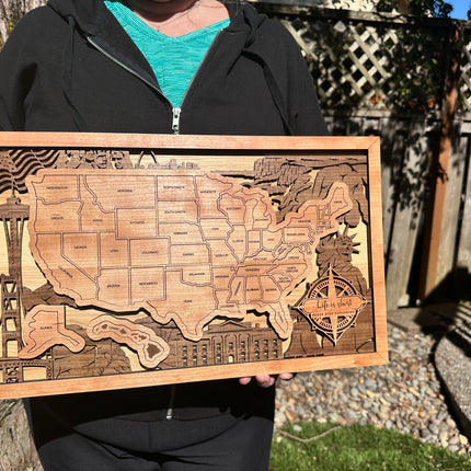 USA Travel Map, Personalized Trip Tracker, Unique Gift For Traveler, Wooden 3D United States Puzzle Tracker