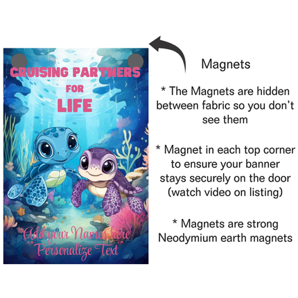 Two cartoon turtles cruise ship banner with magnet attachment explanation.