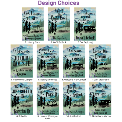 Collection of camper-themed posters with scenic designs and text.