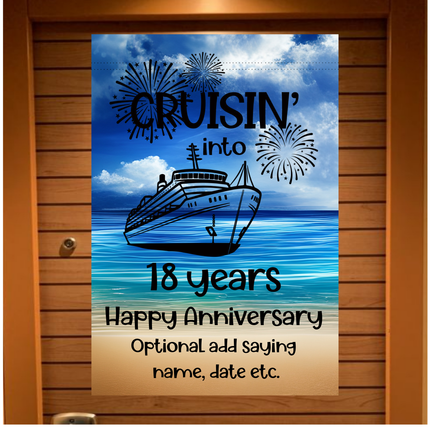 Decorative cruise ship banner with a cruise ship design  and Happy Anniversary text on a cabin door.