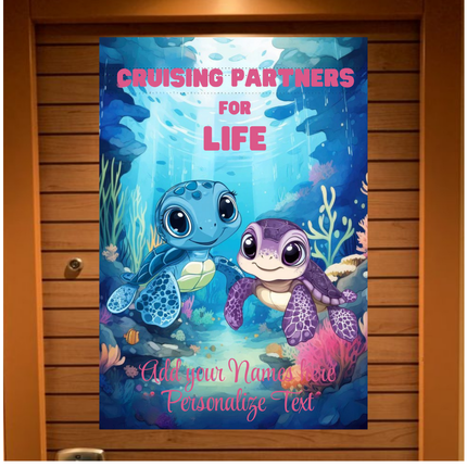 Cartoon turtles with text 'Cruising Partners for Life' on a blue underwater background
