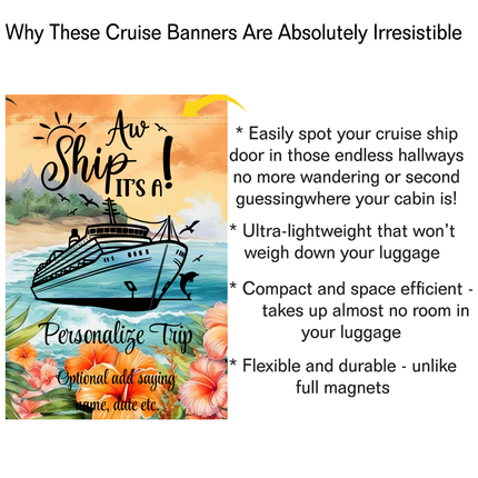 Personalized cruise ship door sign with scenic design and text on a tropical background