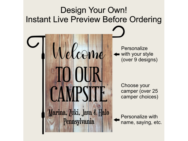 Camper Flag, Welcome to our campsite garden flag, camper outdoor decor, Personalized camp sign, Camper Essentials, Camping Gift, RV Decor