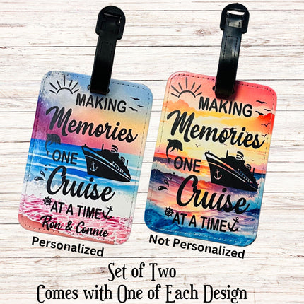 Set of two luggage tags with cruise themed imagery and text "Making Memories one cruise at a time"