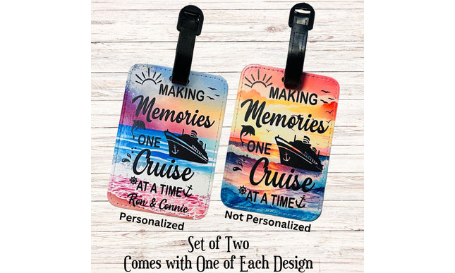 Set of two luggage tags with cruise themed imagery and text "Making Memories one cruise at a time"