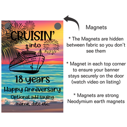 Anniversary cruise ship banner with a ship design and text, featuring magnets for attachment.