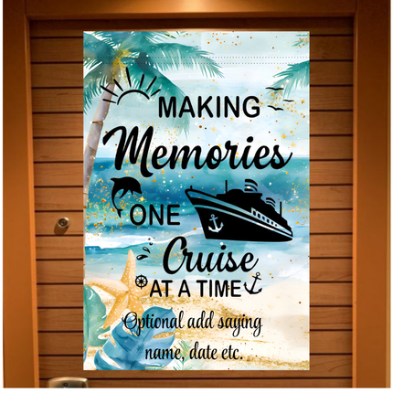 Decorative banner with a cruise ship, palm trees, dolphin, and starfish on a wooden cabin door.