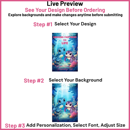 Cruise ship banner display with steps for design customization on a pink background