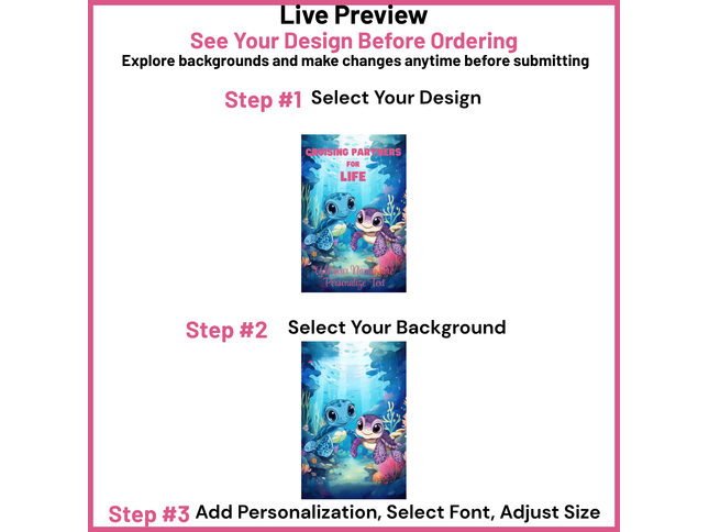 Cruise ship banner display with steps for design customization on a pink background