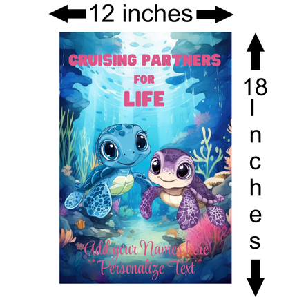 Cruise Ship door decoration with cartoon turtles and text 'Cruising Partners for Life' on a blue underwater background.