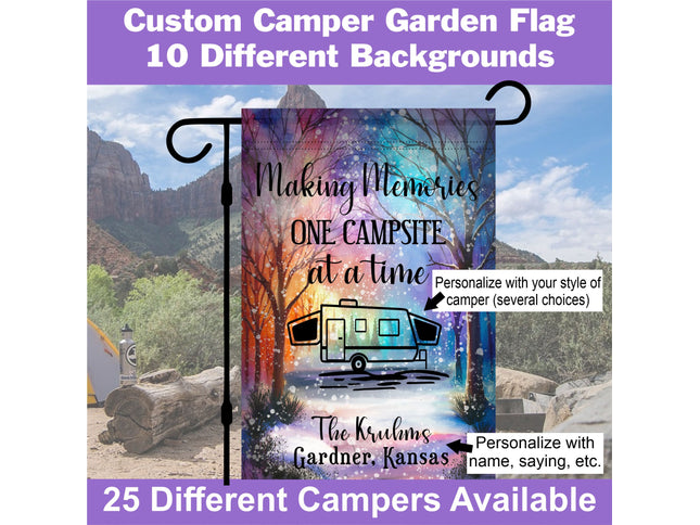 Winter Camping camper Garden Flag, Bright Colors, snow falling, Custom travel Trailer Sign, personalized campsite Decor, Gift RV Travelers