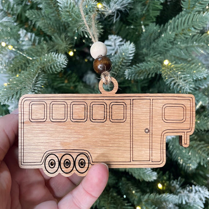 Wood Horse trailer holiday tree ornament