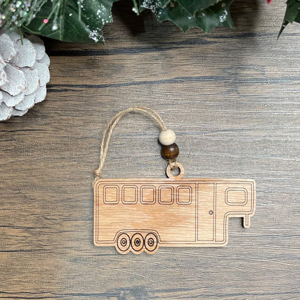 Wood Horse trailer holiday tree ornament