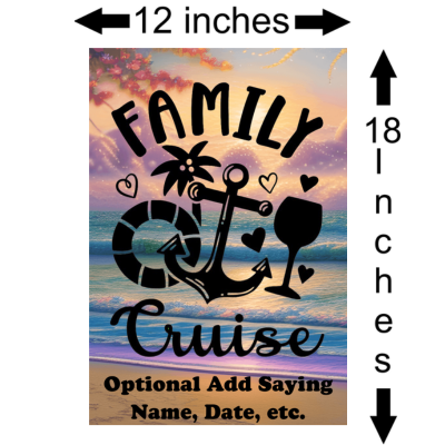 Poster with an anchor design and text  'Family' and 'cruise', with measurements indicated.