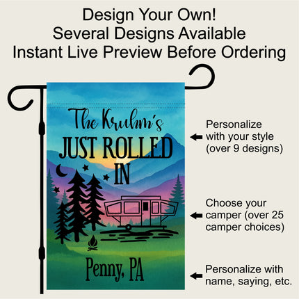 Personalized garden flag with camper design and text, featuring a mountain and trees background.