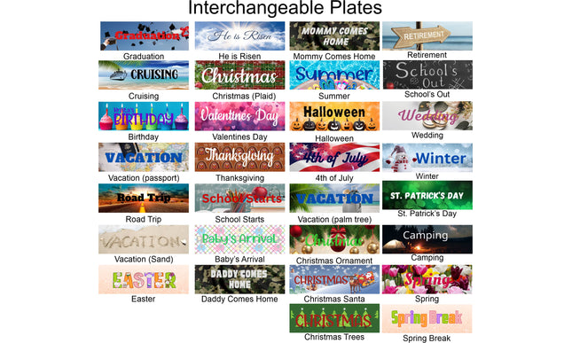 showing the Collection of all of theinterchangeable plates with various themes and occasions.