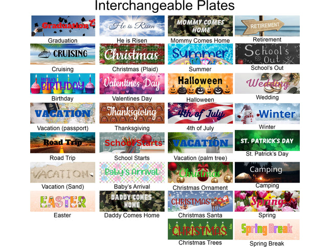 showing the Collection of all of theinterchangeable plates with various themes and occasions.