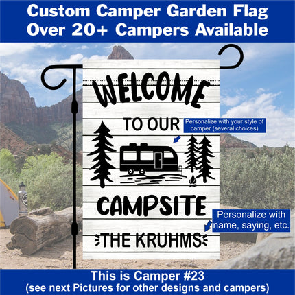 Camper Flag, Welcome to our campsite garden flag, camper outdoor decor, Personalized camp sign, Camper Essentials, Camping Gift, RV Decor