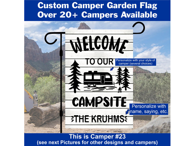 Camper Flag, Welcome to our campsite garden flag, camper outdoor decor, Personalized camp sign, Camper Essentials, Camping Gift, RV Decor