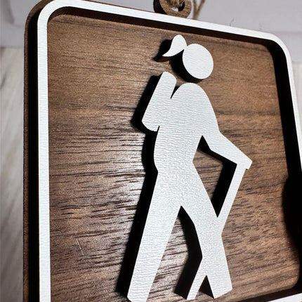 Female Hiker Ornament, Recreational Trail Sign, Gift for Female Backpacker, National Park Icon, Christmas Tree Decor, Personalized Gift, Keepsake