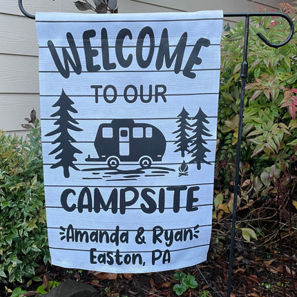Welcome to our campsite custom camper garden flag, Personalized camp sign, outdoor decor camping, gift for trailer traveling, RV accessory