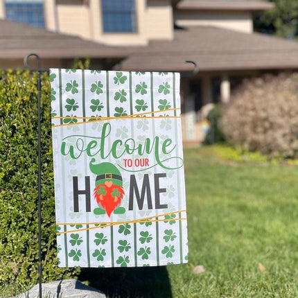 St. Patrick's Day Leprechaun Gnome Garden flag - Luck of the Irish Shamrock yard decor - Saint Patty's Day clovers front door porch sign