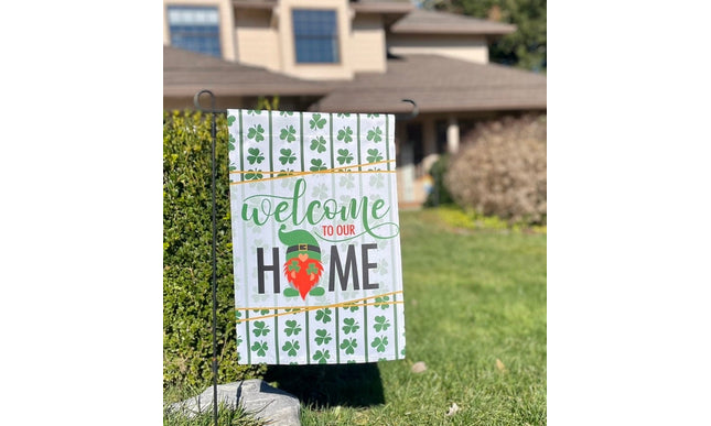 St. Patrick's Day Leprechaun Gnome Garden flag - Luck of the Irish Shamrock yard decor - Saint Patty's Day clovers front door porch sign