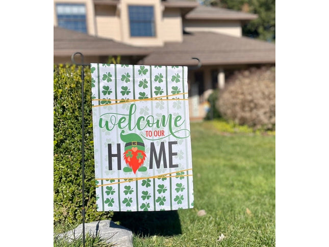 St. Patrick's Day Leprechaun Gnome Garden flag - Luck of the Irish Shamrock yard decor - Saint Patty's Day clovers front door porch sign