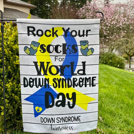 Rock your socks World Down Syndrome Day Garden Flag - Blue and Yellow Down Syndrome support ribbon yard sign - Down right perfect porch sign