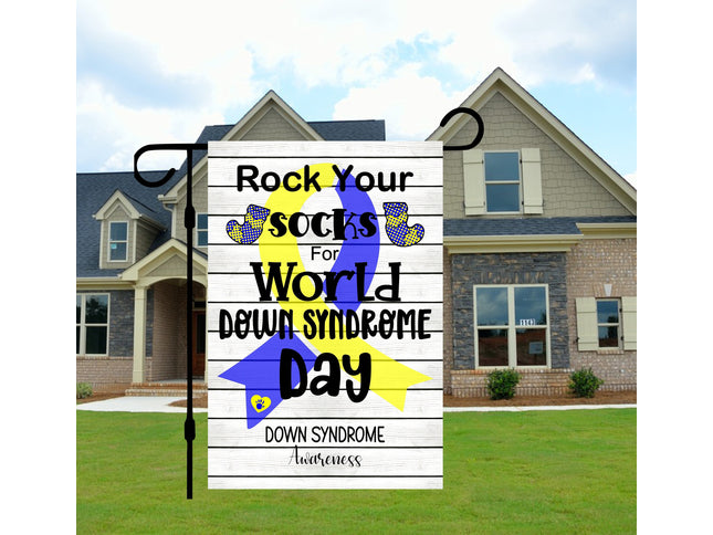 Rock your socks World Down Syndrome Day Garden Flag - Blue and Yellow Down Syndrome support ribbon yard sign - Down right perfect porch sign