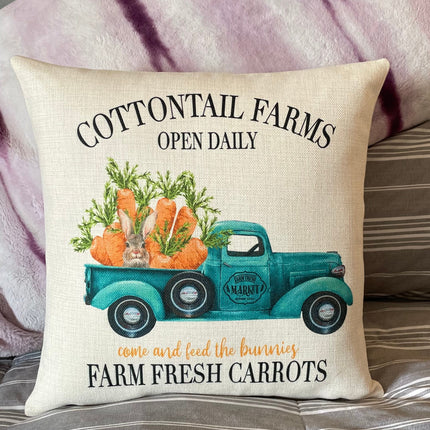 Easter bunny pillow cover with Cottontail Farms design, farmhouse spring throw pillow for couch or chair