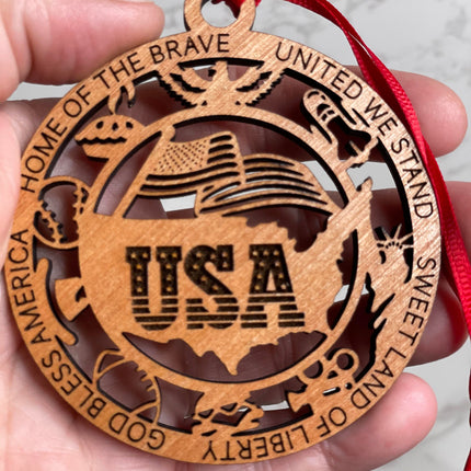 USA Wood Ornament, Patriotic Holiday Tree Decoration, commemorative American Flag Christmas Ornament, United States military veteran gift