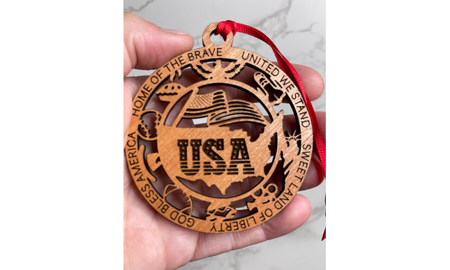 USA Wood Ornament, Patriotic Holiday Tree Decoration, commemorative American Flag Christmas Ornament, United States military veteran gift