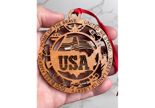 USA Wood Ornament, Patriotic Holiday Tree Decoration, commemorative American Flag Christmas Ornament, United States military veteran gift