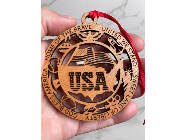 USA Wood Ornament, Patriotic Holiday Tree Decoration, commemorative American Flag Christmas Ornament, United States military veteran gift