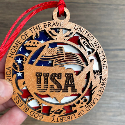 Personalized USA Wood Ornament, Patriotic Holiday Tree decor, commemorative American Flag Christmas Ornament, United States veteran gift