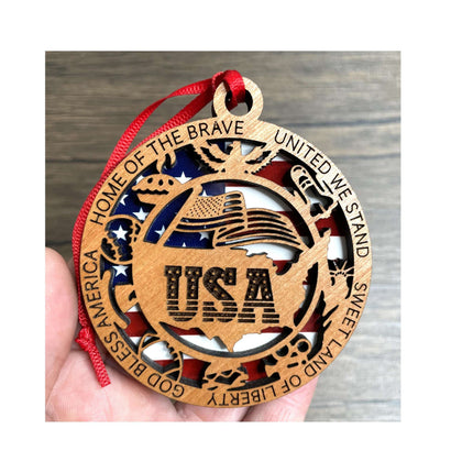 Personalized USA Wood Ornament, Patriotic Holiday Tree decor, commemorative American Flag Christmas Ornament, United States veteran gift