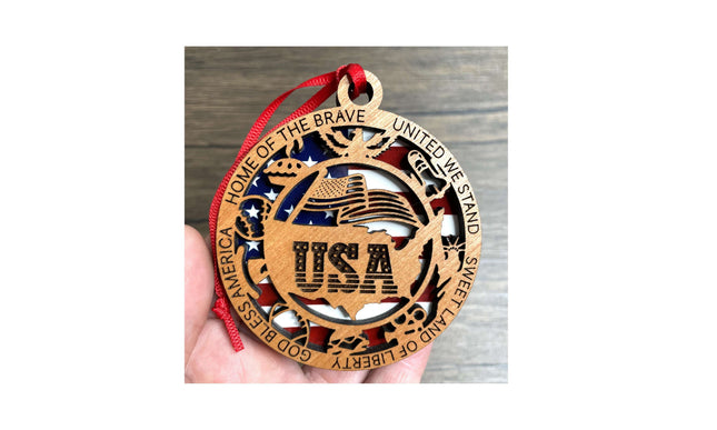 USA Wood Ornament, Patriotic Holiday Tree Decoration, commemorative American Flag Christmas Ornament, United States military veteran gift