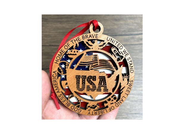 USA Wood Ornament, Patriotic Holiday Tree Decoration, commemorative American Flag Christmas Ornament, United States military veteran gift