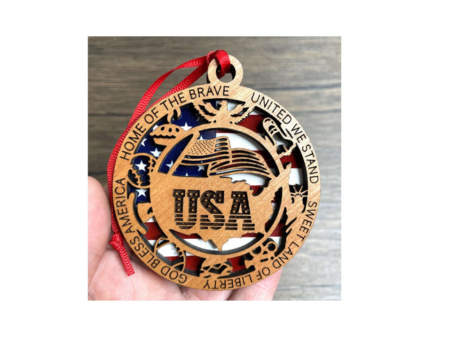 USA Wood Ornament, Patriotic Holiday Tree Decoration, commemorative American Flag Christmas Ornament, United States military veteran gift