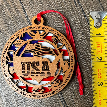 Personalized USA Wood Ornament, Patriotic Holiday Tree decor, commemorative American Flag Christmas Ornament, United States veteran gift