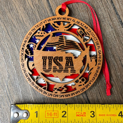 Personalized USA Wood Ornament, Patriotic Holiday Tree decor, commemorative American Flag Christmas Ornament, United States veteran gift
