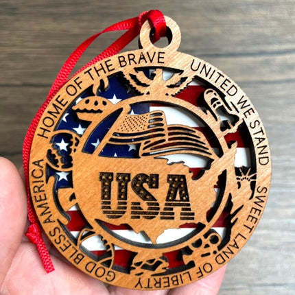 USA Wood Ornament, Patriotic Holiday Tree Decoration, commemorative American Flag Christmas Ornament, United States military veteran gift