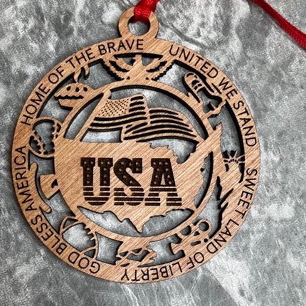 USA Wood Ornament, Patriotic Holiday Tree Decoration, commemorative American Flag Christmas Ornament, United States military veteran gift