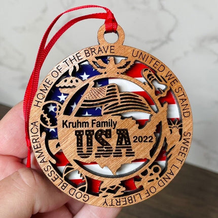 Personalized USA Wood Ornament, Patriotic Holiday Tree decor, commemorative American Flag Christmas Ornament, United States veteran gift