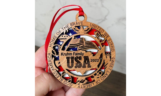 Personalized USA Wood Ornament, Patriotic Holiday Tree decor, commemorative American Flag Christmas Ornament, United States veteran gift