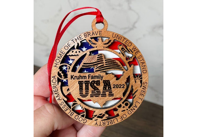 Personalized USA Wood Ornament, Patriotic Holiday Tree decor, commemorative American Flag Christmas Ornament, United States veteran gift