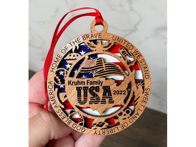 Personalized USA Wood Ornament, Patriotic Holiday Tree decor, commemorative American Flag Christmas Ornament, United States veteran gift